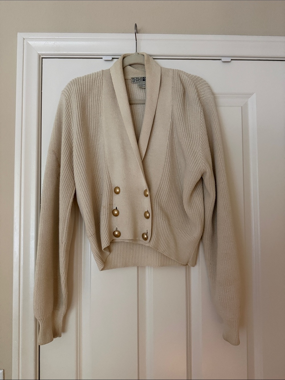 Vintage Cream Shawl Collar Cropped Cardigan Sweater w/ Gold Buttons